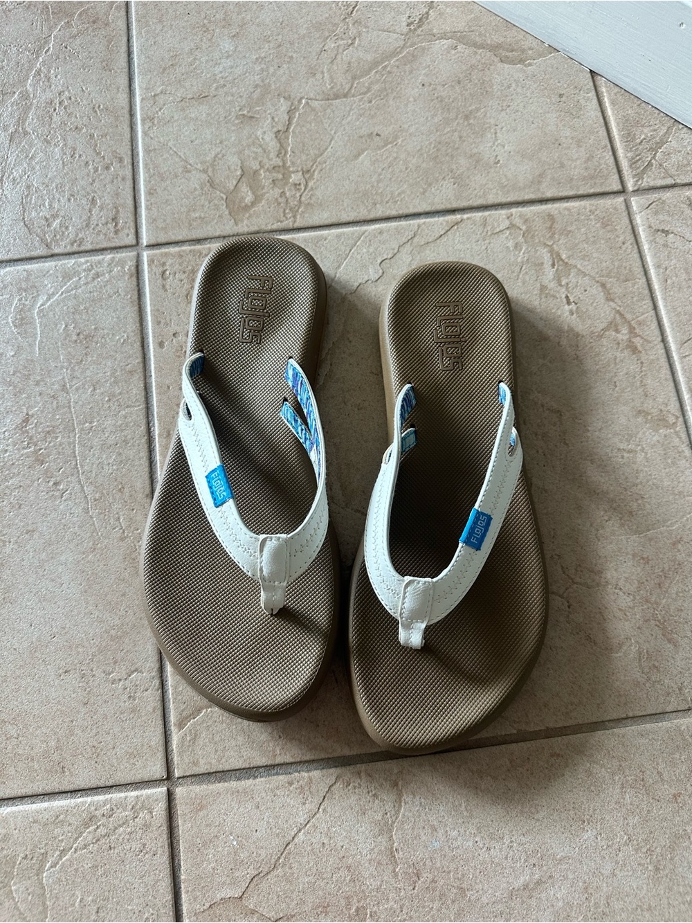 Flojos Women’s White Flip Flops with Brown Footbed